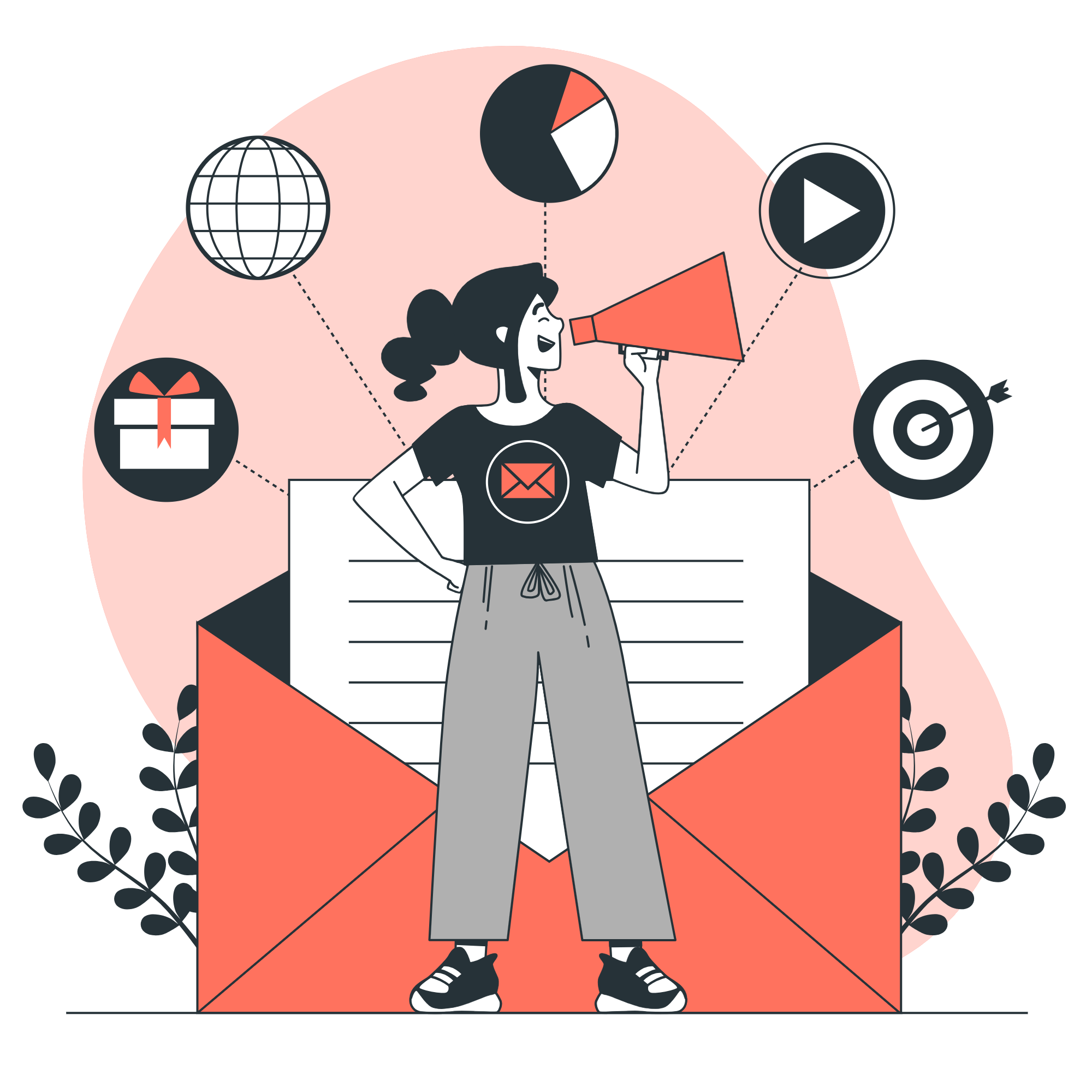 Illustration of a person analyzing email data with charts.