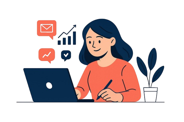 Illustration of a woman working on a laptop with email and analytics icons