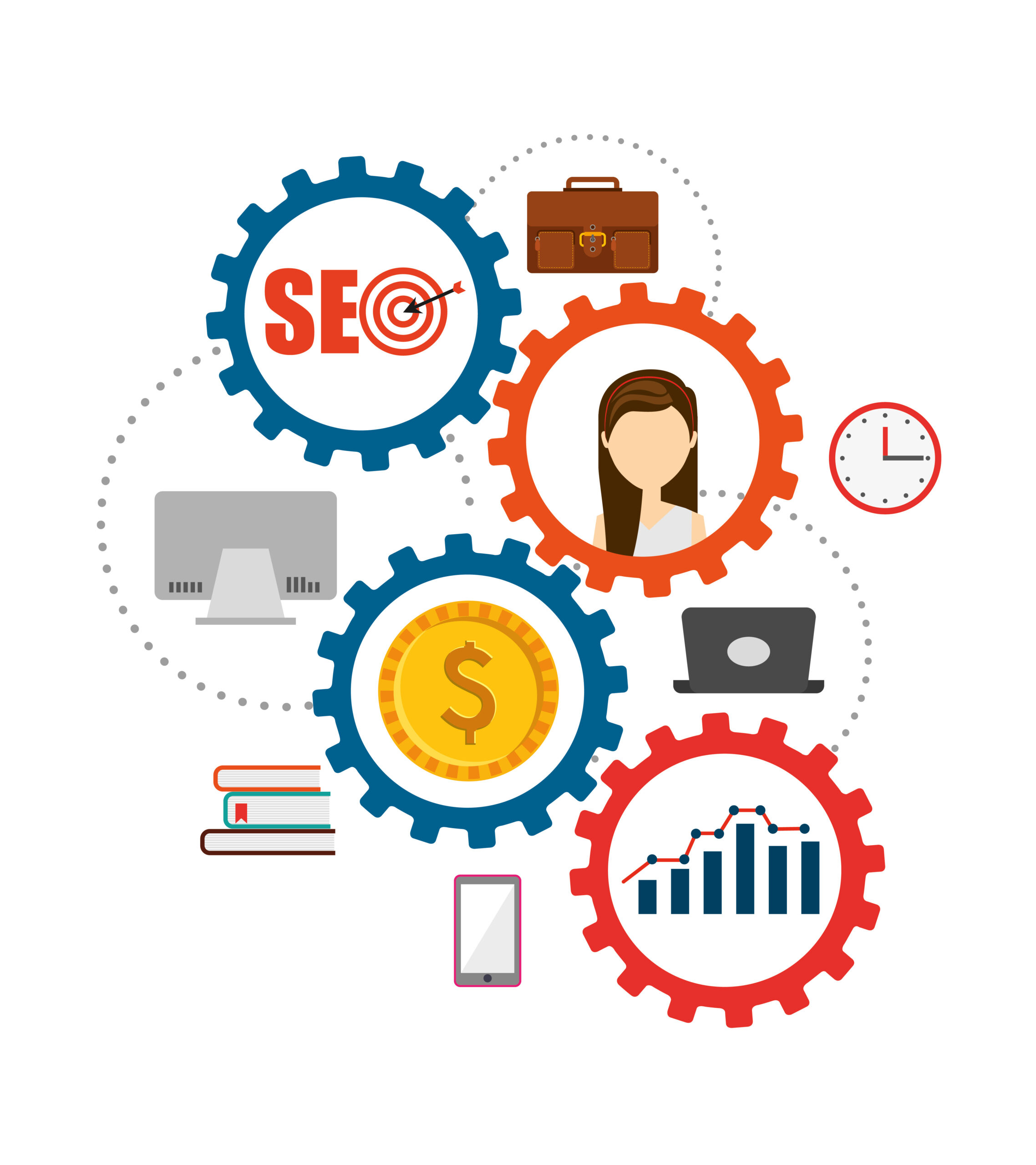 SEO and digital marketing concept with gear icons showing target, analytics, money, business, time management, and technology