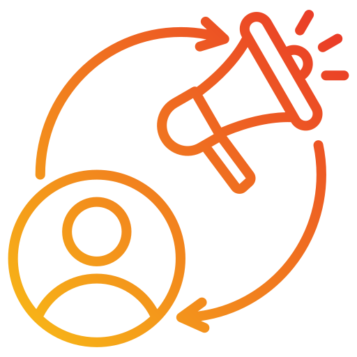 Digital marketing services icon showing customer profile connected to a megaphone for brand promotion